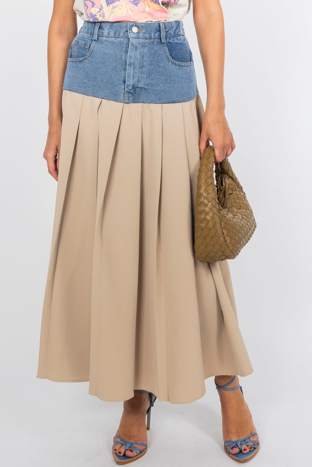 Beige| Denim Pleated Maxi Skirt