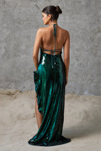 Load image into Gallery viewer, Sequin Green Asymmetrical Open Leg Gown
