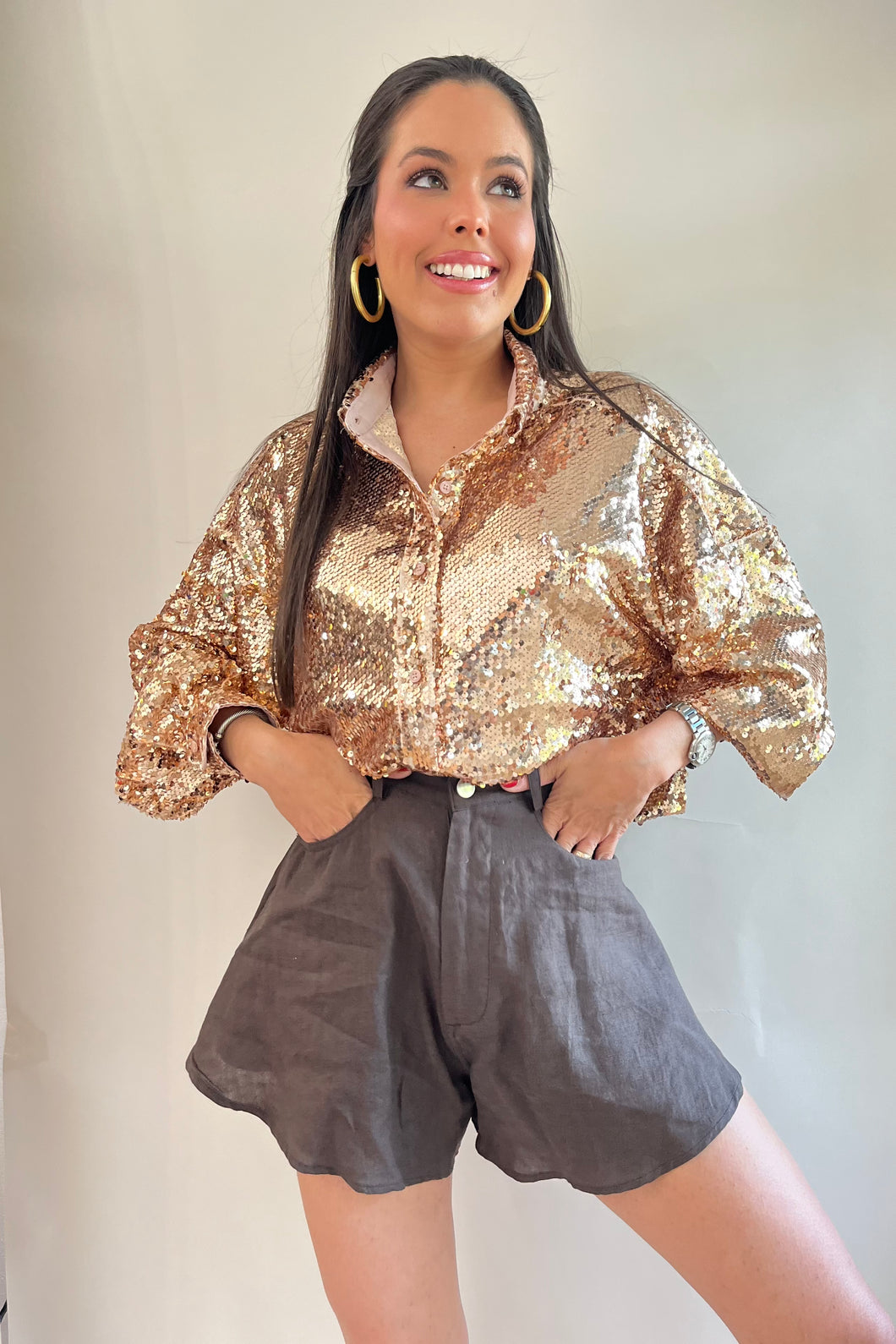 Long Sleeve Sequin Blouse- Champagne