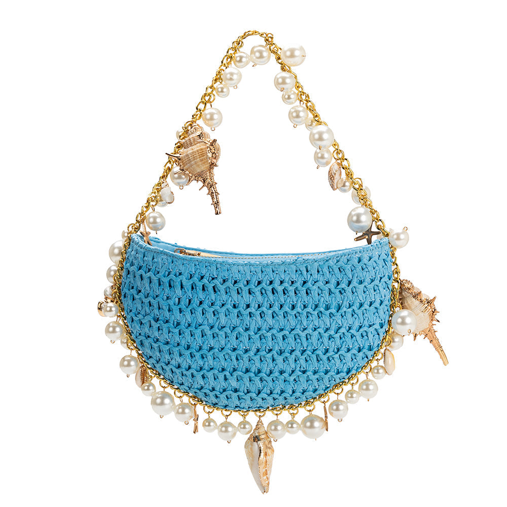 Isla Blue Shells Straw Top Handle Bag