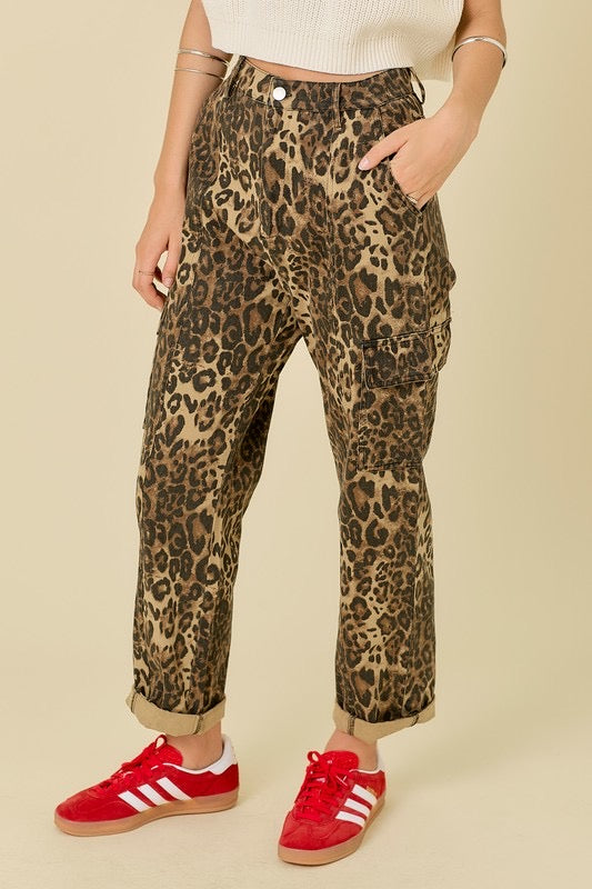 Denim Straight Cargo Pant - Leopard