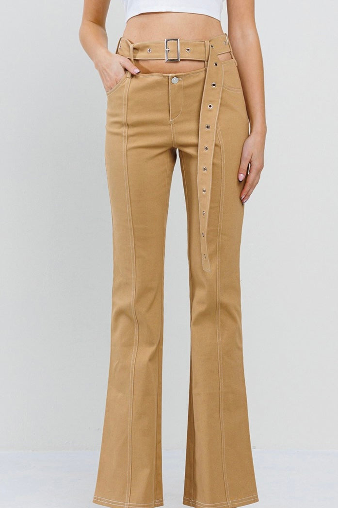 Camel Cutout Waist Belted Pant