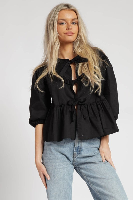 Front Tie Poplin Blouse Black