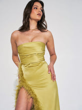 Load image into Gallery viewer, Ivona Olive High Slit Feather Gown
