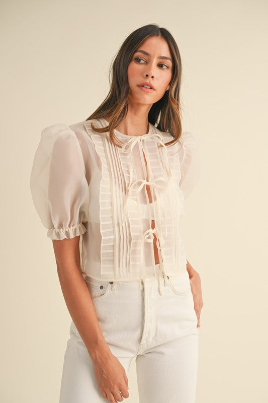 Organza Puff Sleeve Tie Blouse- Cream