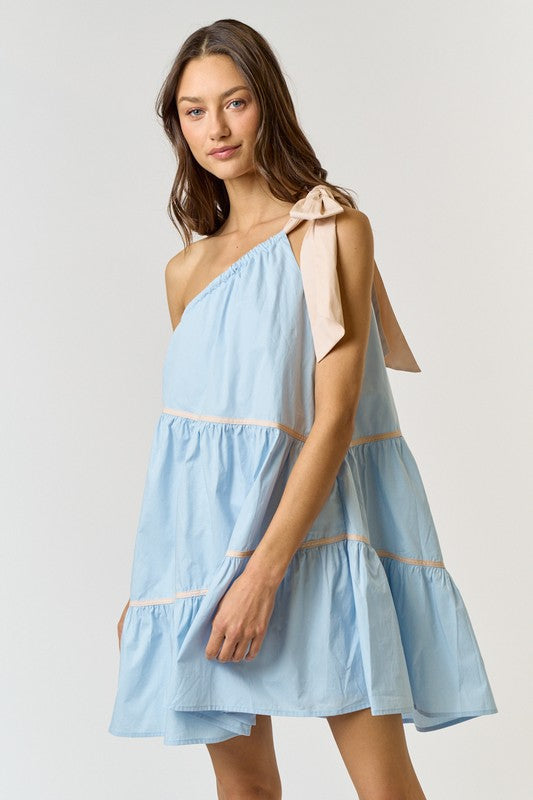 One Shoulder Poplin Dress- Light Blue