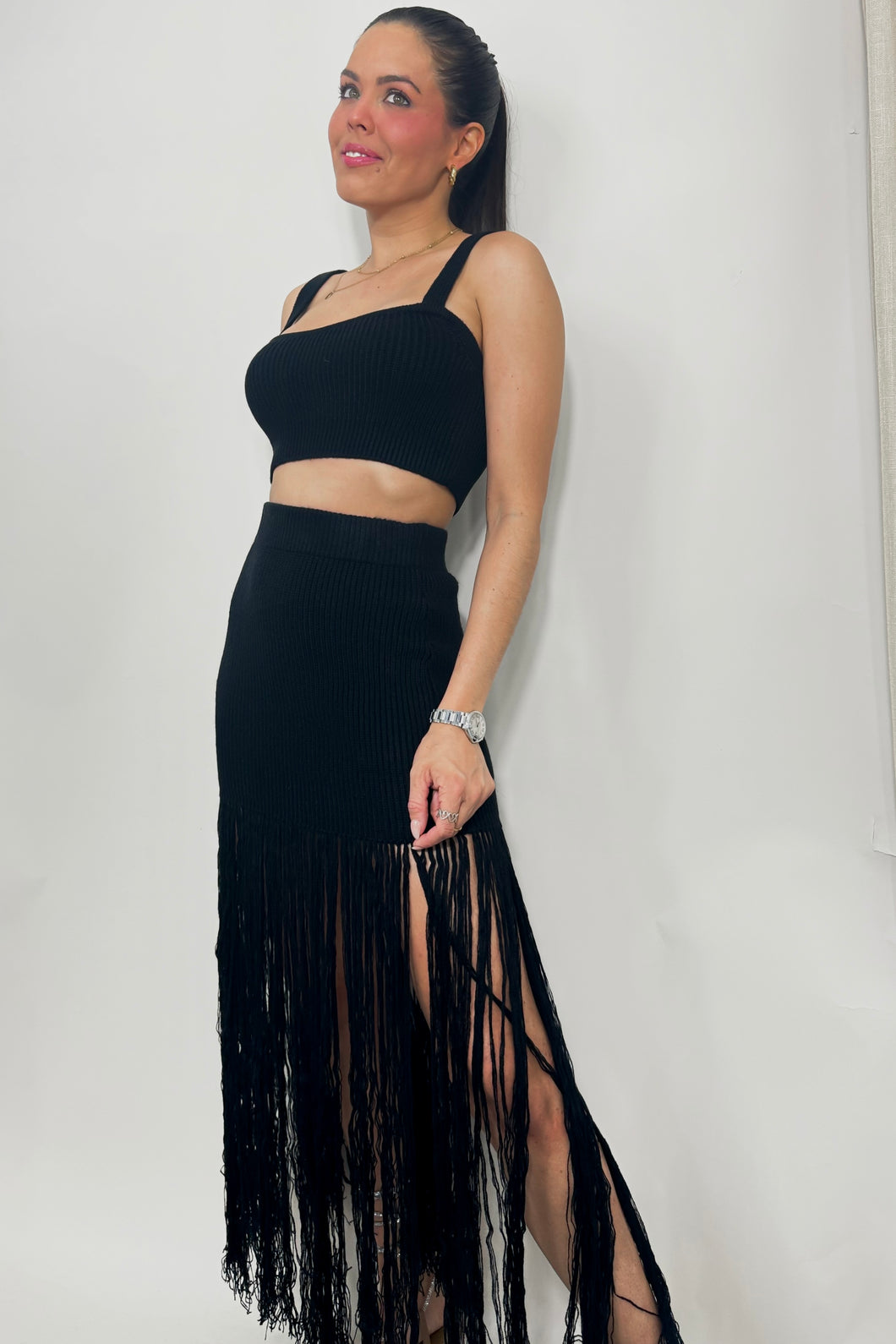 Black Knit Fringe Skirt Set