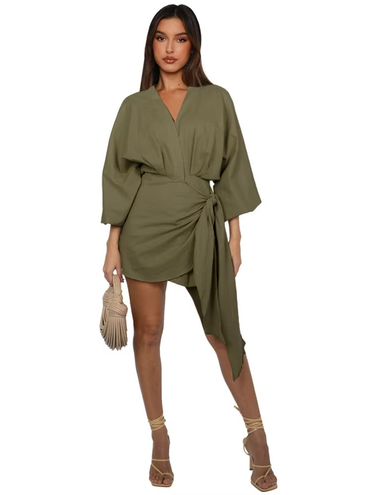 Linen Wrap Dress Olive