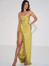 Load image into Gallery viewer, Ivona Olive High Slit Feather Gown
