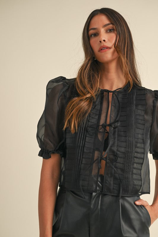 Organza Puff Sleeve Tie Blouse- Black