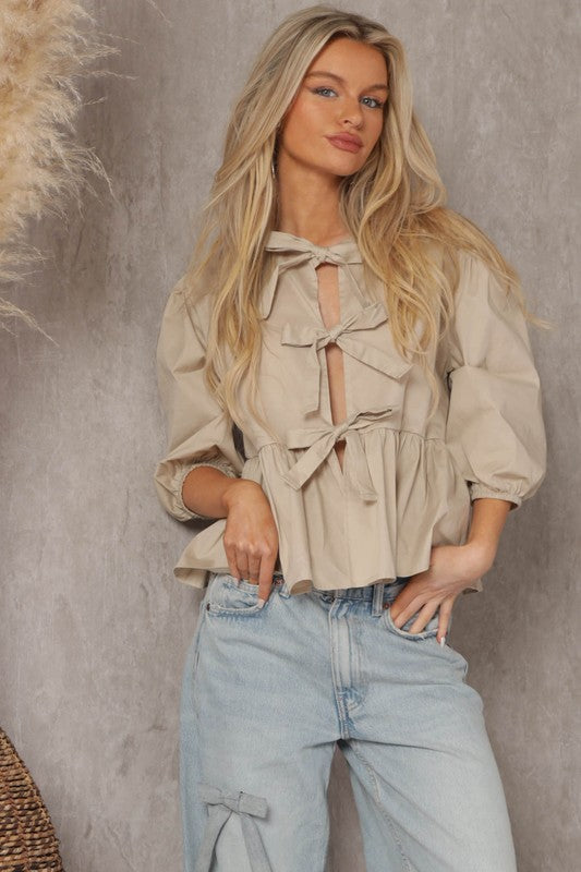 Front Tie Poplin Blouse Nude