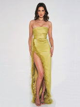 Load image into Gallery viewer, Ivona Olive High Slit Feather Gown
