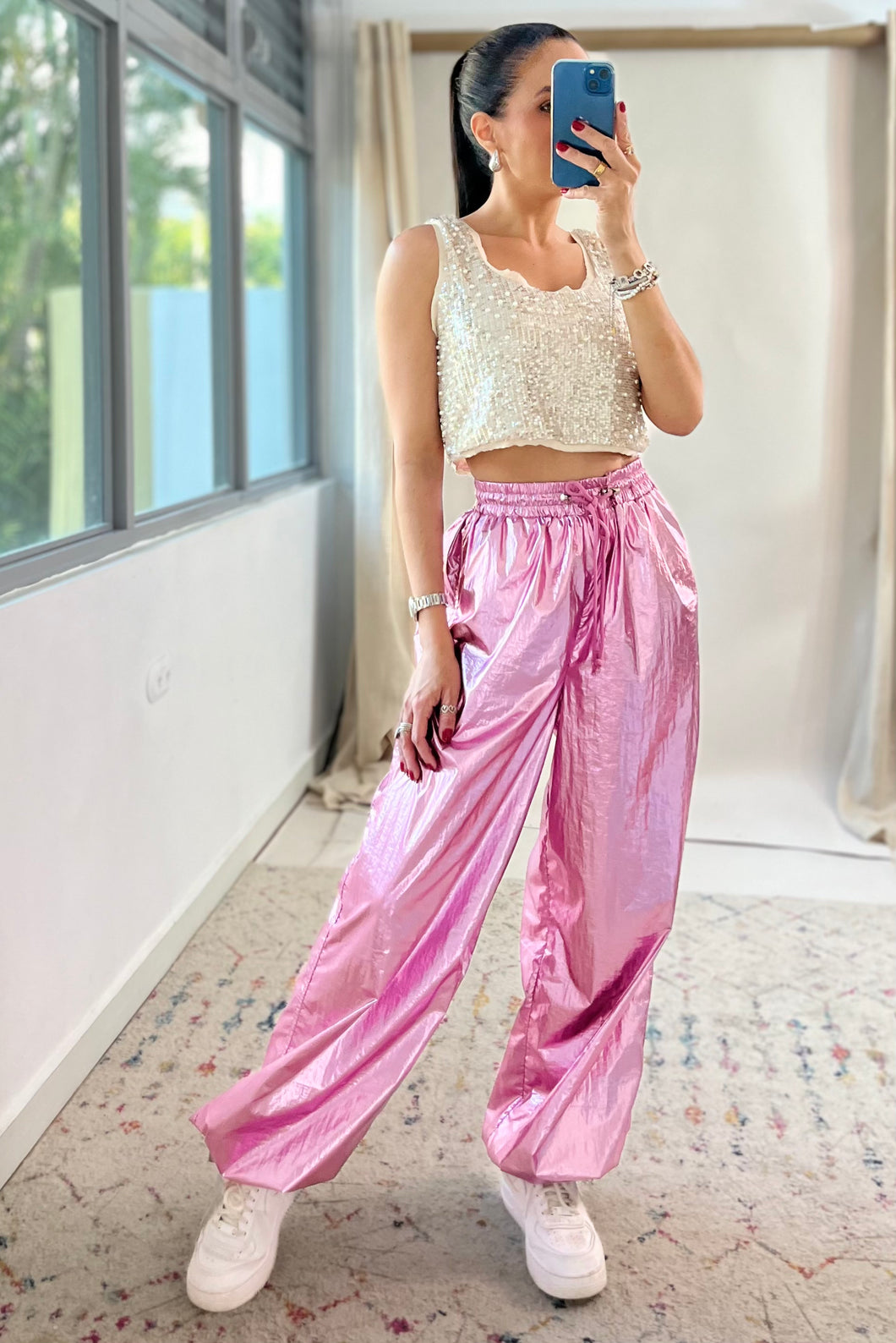 Pink Metallic Parachute Pant