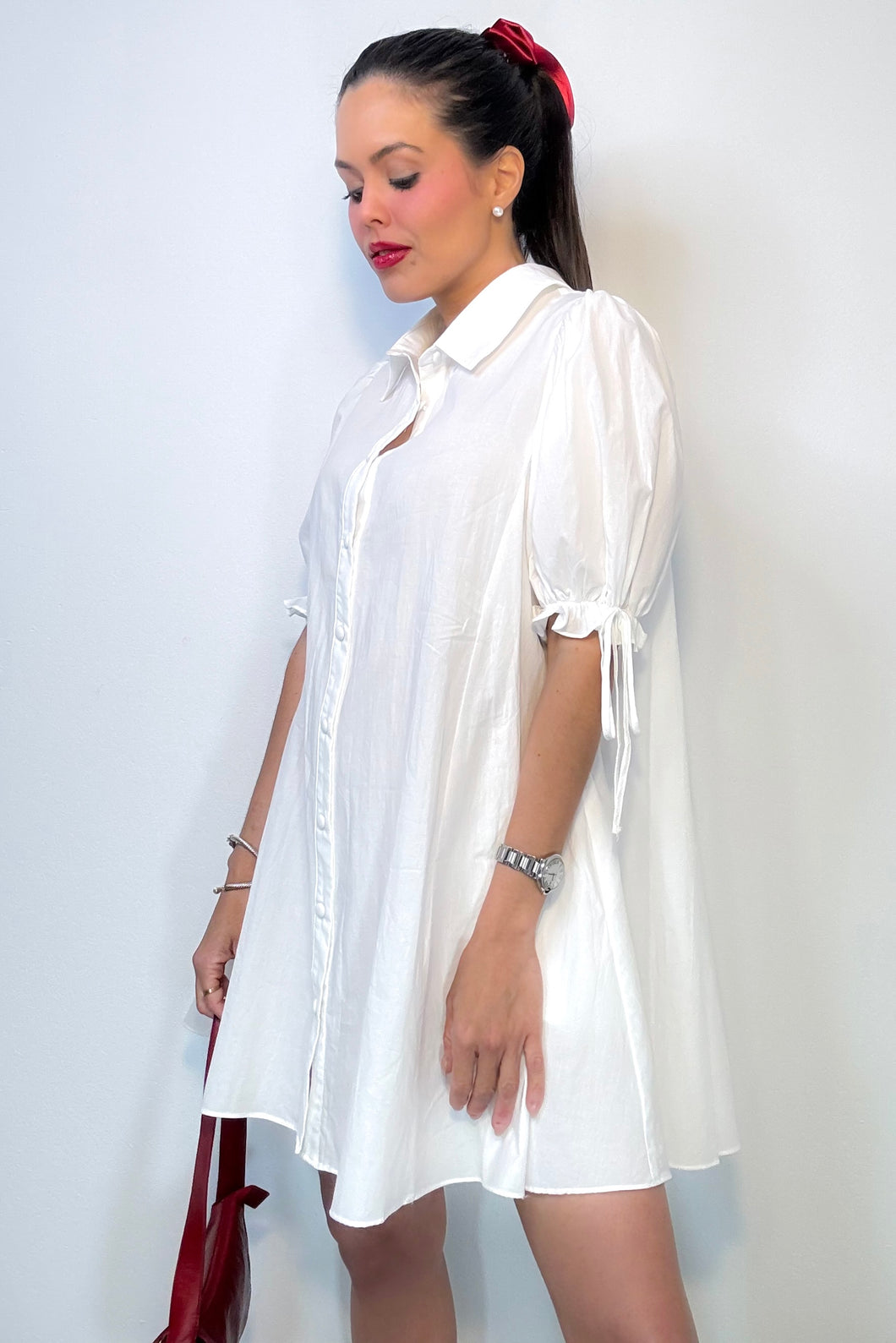 White Poplin Button Down Mini Dress