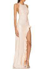 Load image into Gallery viewer, Sequin Nude Asymmetrical Open Leg Gown
