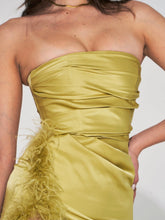 Load image into Gallery viewer, Ivona Olive High Slit Feather Gown
