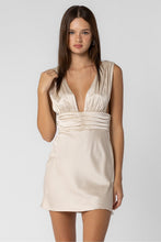 Load image into Gallery viewer, Champagne Pleated Detailed Satin Mini Dress
