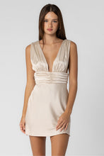 Load image into Gallery viewer, Champagne Pleated Detailed Satin Mini Dress
