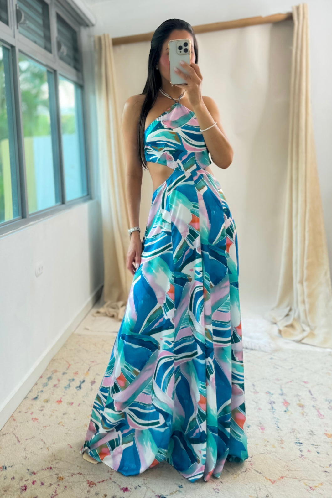 Blue Tie Back Halter Maxi Dress