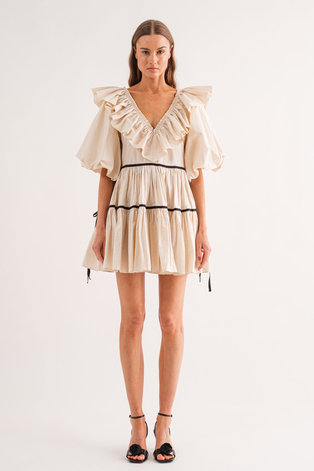 Contrast Cream & Black Ribbons Mini Dress