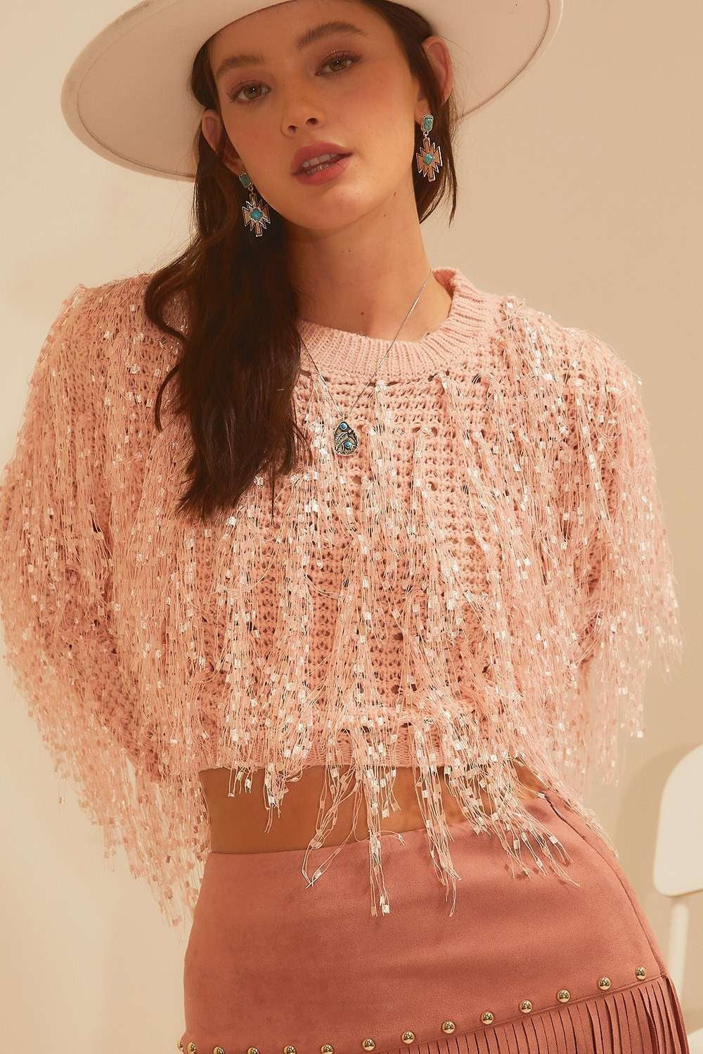 Fringe Sweater Top Pink