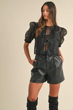 Load image into Gallery viewer, Organza Puff Sleeve Tie Blouse- Black
