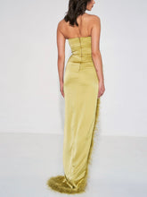 Load image into Gallery viewer, Ivona Olive High Slit Feather Gown
