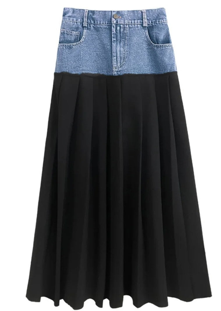 Black|Blue Denim Pleated Maxi Skirt