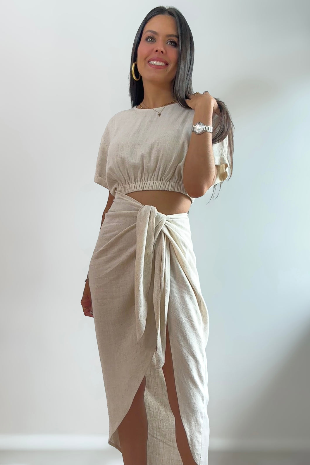 Natural Linen Cut Out Midi Dress