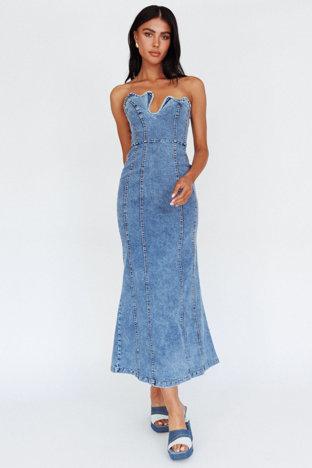 Wavy Neckline Denim Dress