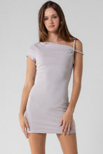 Load image into Gallery viewer, Elena Twist Shoulder Mini Dress- Grey
