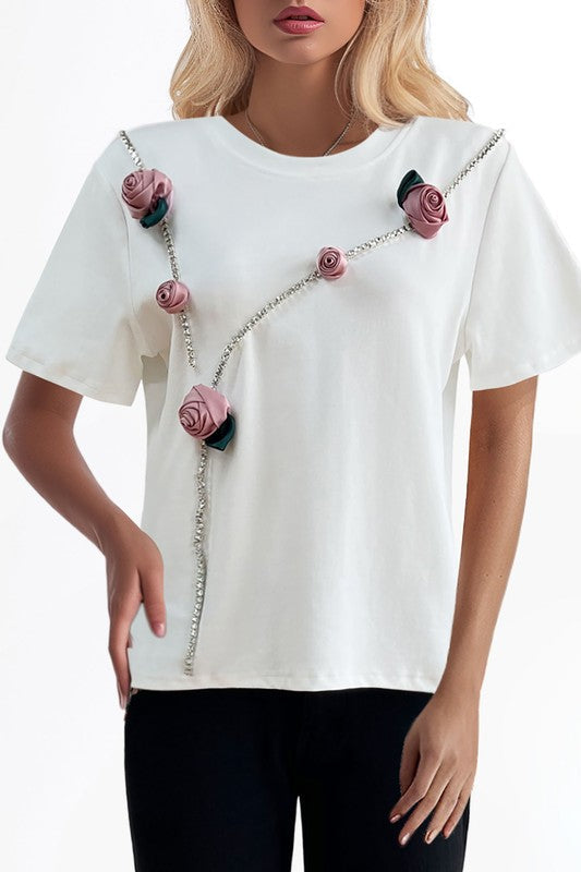 Roses Embellished White Tee