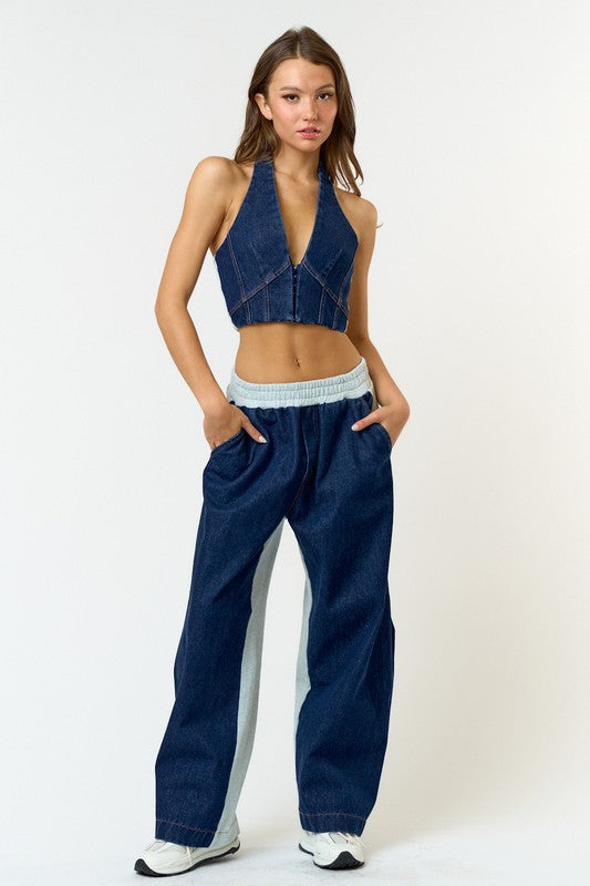 Denim Jogger Contrast Pant Set