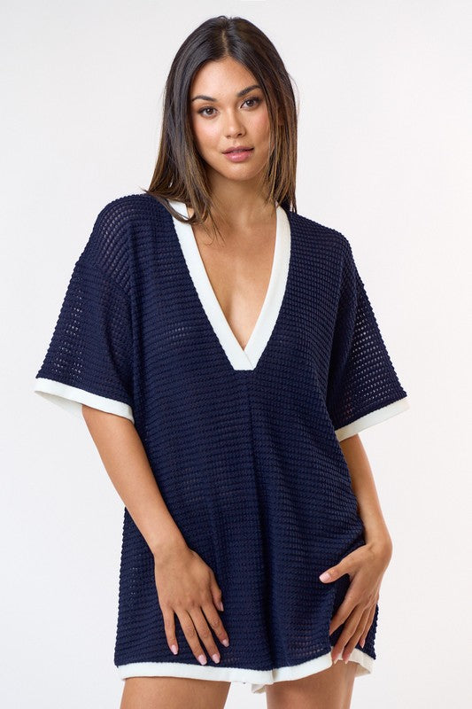 Navy Waffle Knit Contrast Romper