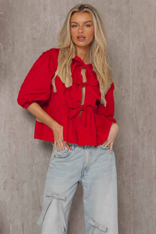 Front Tie Poplin Blouse Red