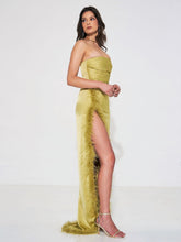 Load image into Gallery viewer, Ivona Olive High Slit Feather Gown
