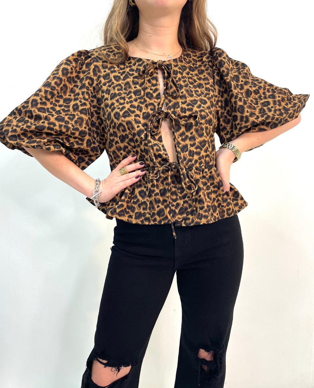 Front Tie Popin Blouse - Leopard