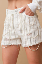 Load image into Gallery viewer, Pearl + Rhinestones White Denim Shorts
