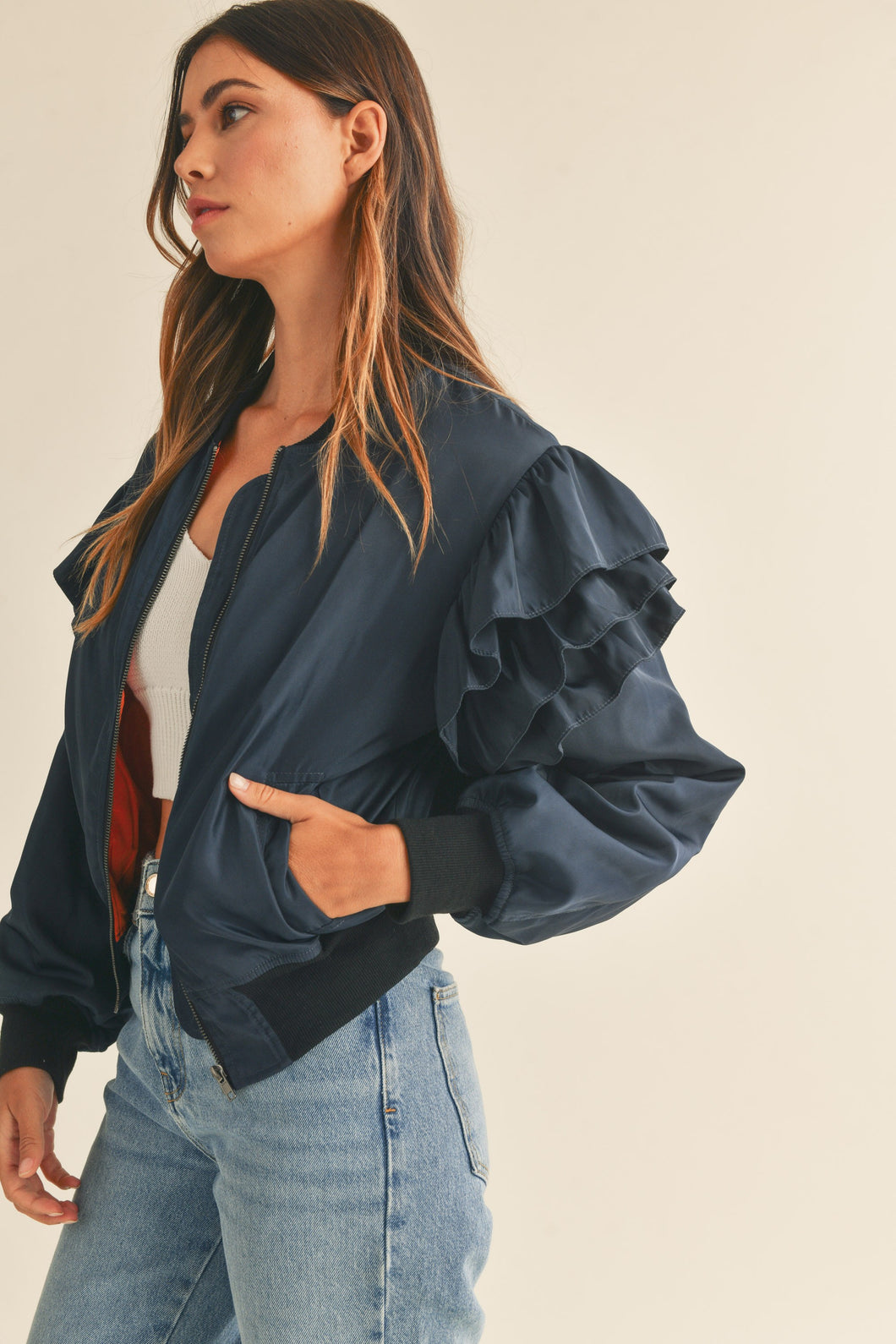 Double-layered Ruffled Sleeves Bomber Jacket