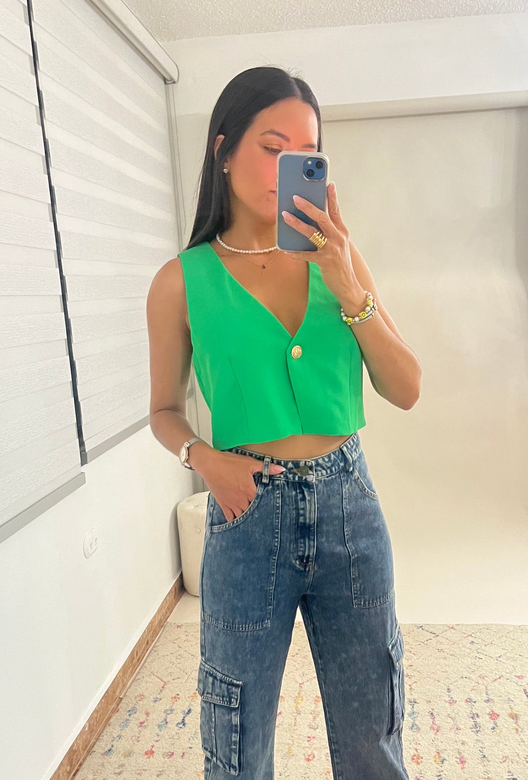 Button detail Vest Top- Green