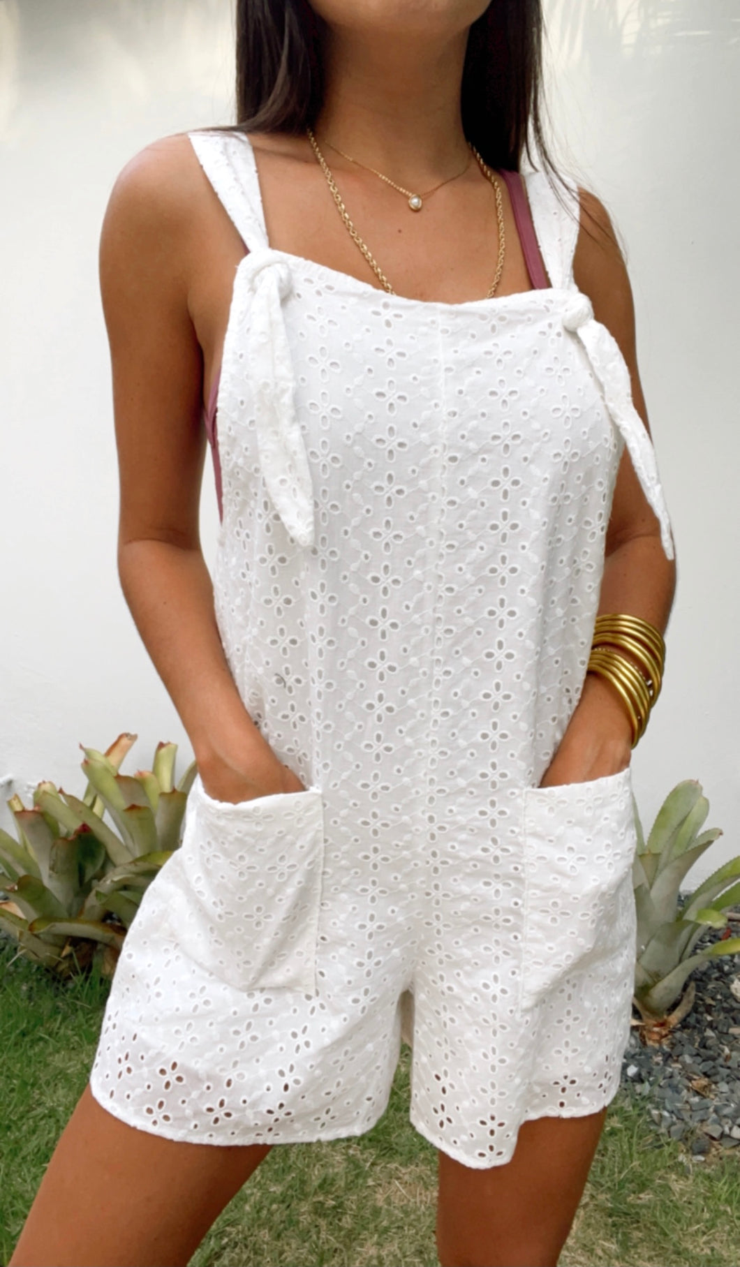 White Eyelet Overall Romper