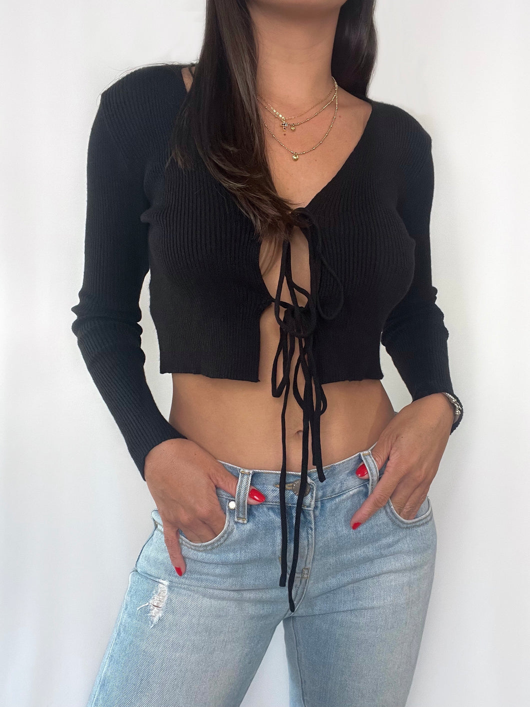 Front Tie Cardigan Top- Black