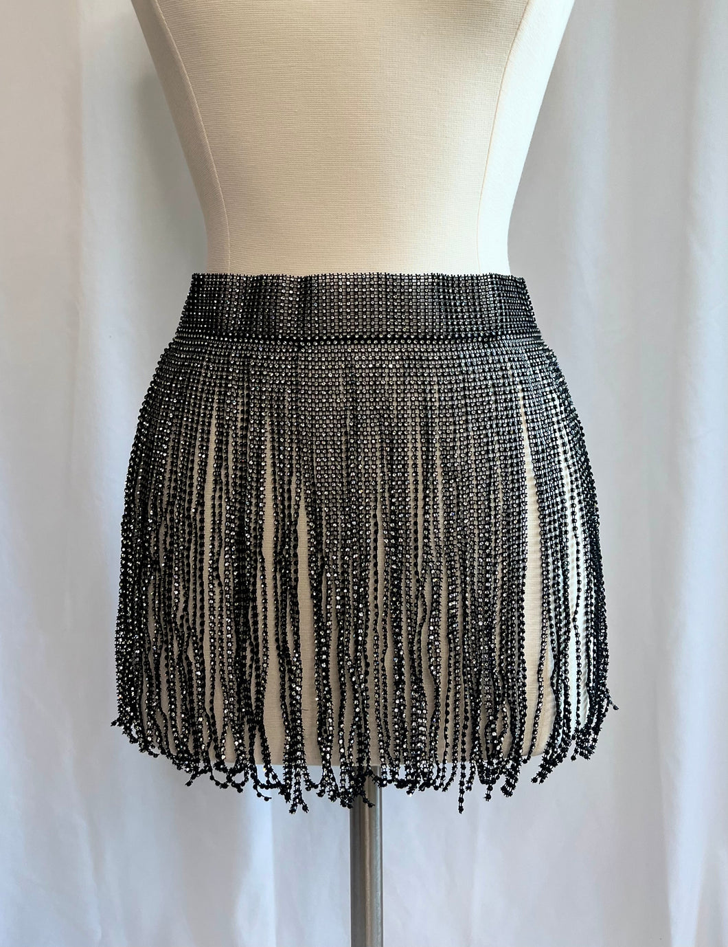 Rhinestone Fringe Mini Skirt- Black