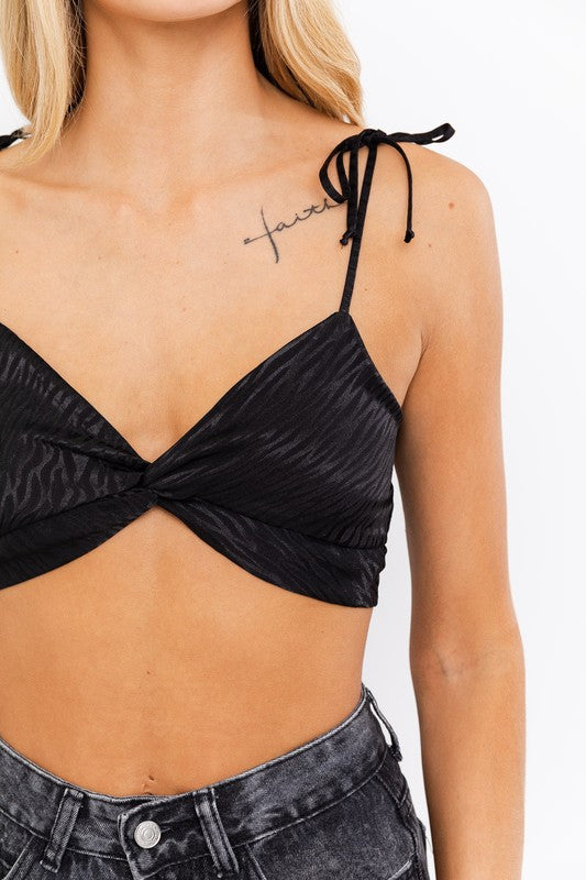 Zebra Textured Twist Crop Top- Black