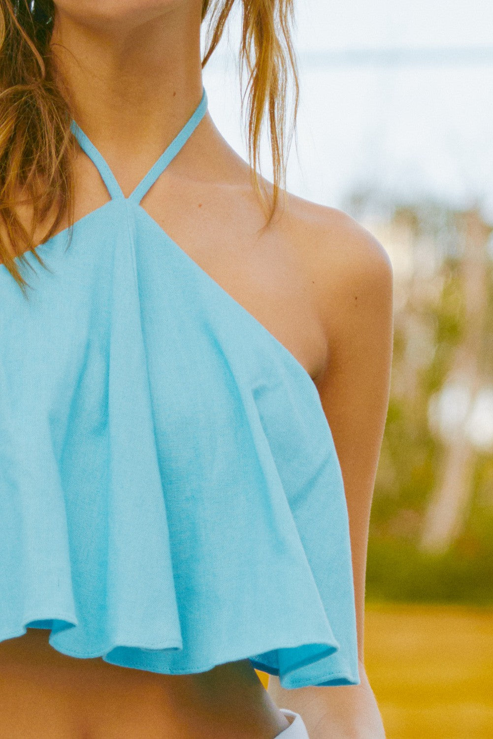 Linen Back Tie Top- Aqua